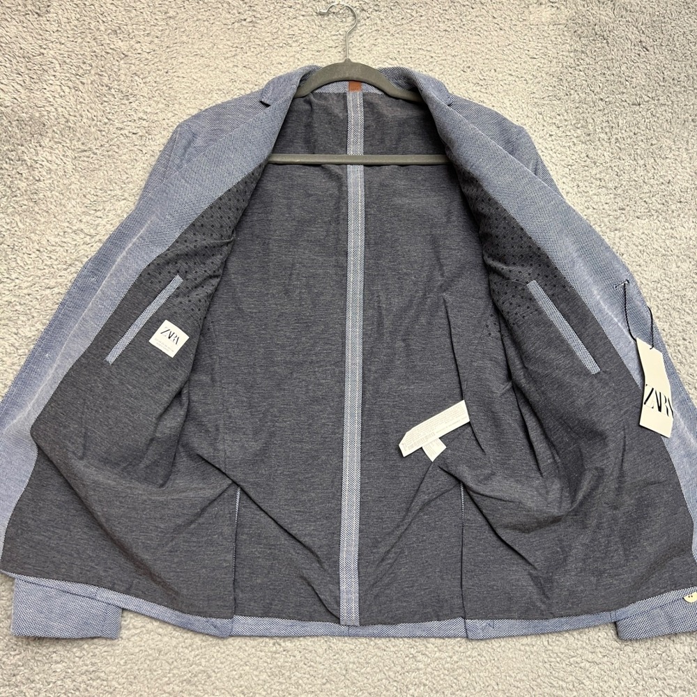 Zara Blazer Men 48 Blue New Textured Two Button Slim Fit Sport Coat Jacket - Picture 8 of 13